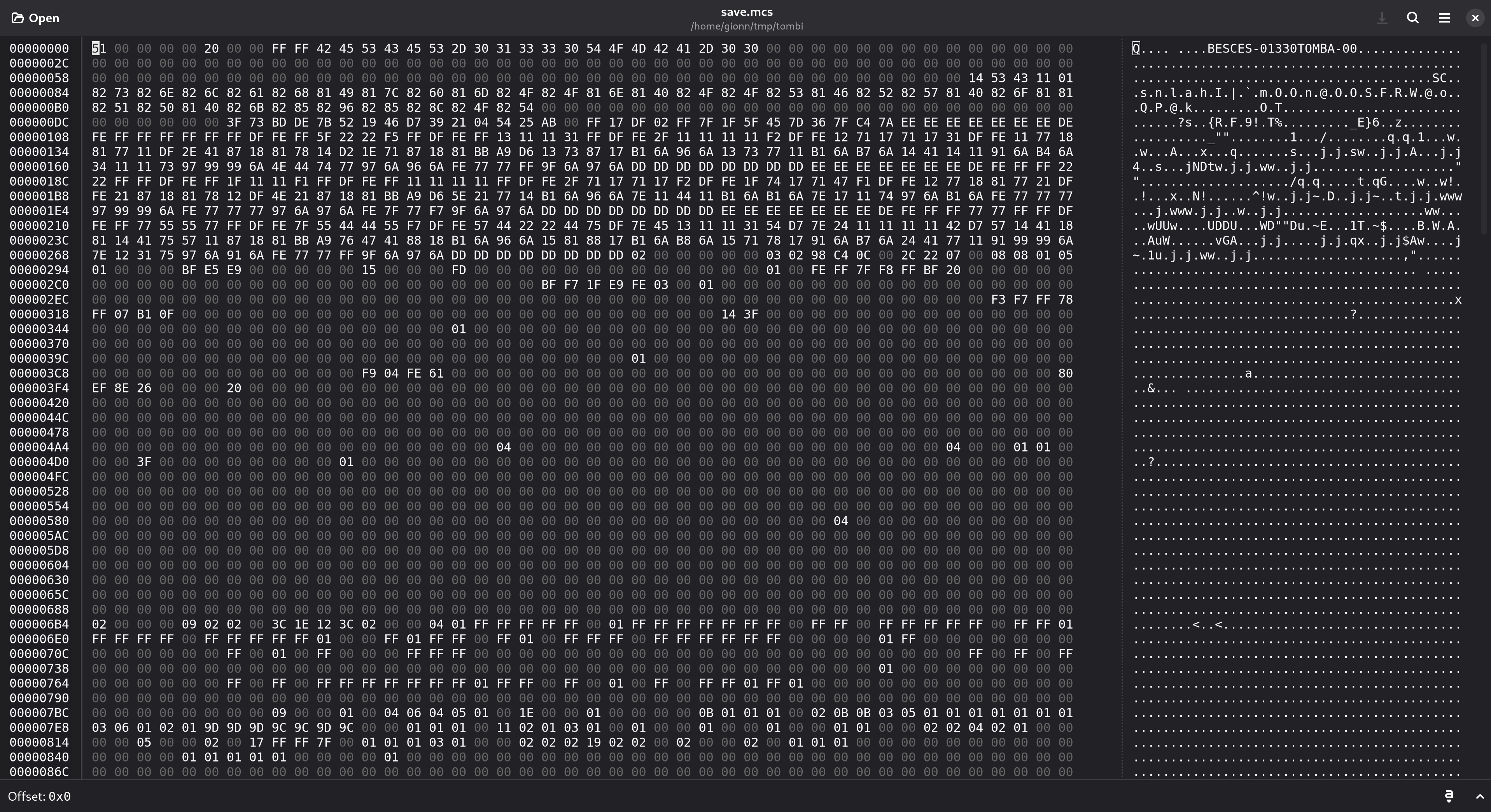 The save.mcs file open in ghex, showing the directory entry, the SC header and the start of the game data